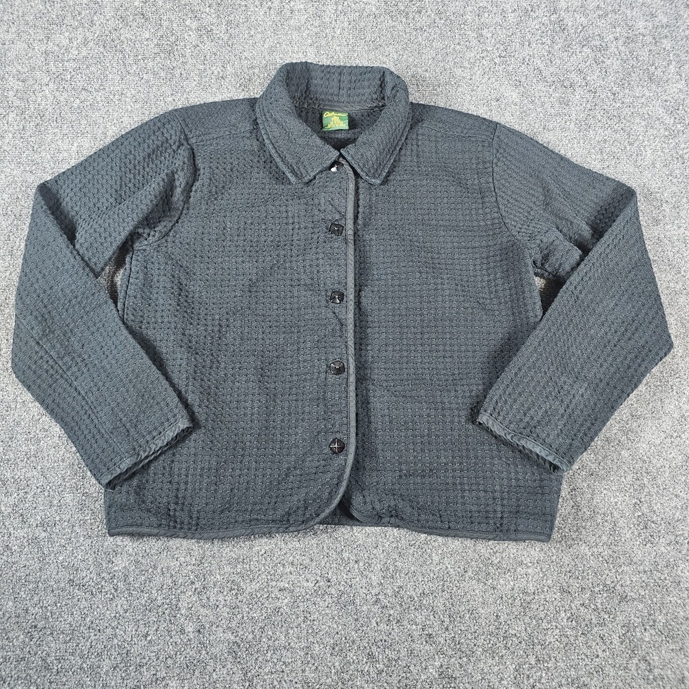 Cabela's Womens Large Black Waffle Jacket Pockets 100% Cotton Long SLV Buttons